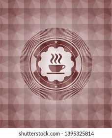 coffee cup icon inside red emblem or badge with geometric pattern background. Seamless.
