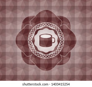 coffee cup icon inside red emblem or badge with geometric pattern background. Seamless.