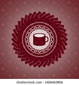 coffee cup icon inside red emblem. Retro