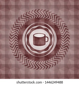 coffee cup icon inside red seamless badge with geometric background.