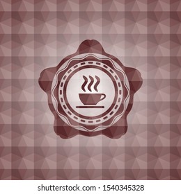 coffee cup icon inside red seamless badge with geometric background.