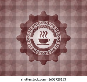 coffee cup icon inside red seamless geometric emblem.