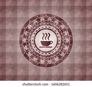 coffee cup icon inside red seamless geometric badge.