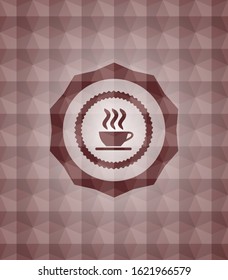 coffee cup icon inside red emblem or badge with abstract geometric pattern background. Seamless.