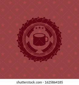 coffee cup icon inside red emblem. Retro
