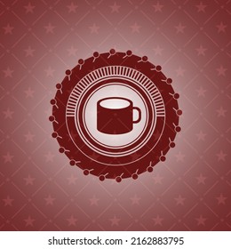 coffee cup icon inside red emblem. 