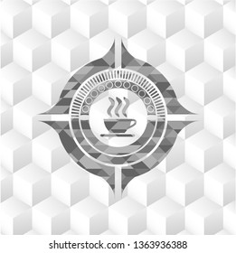 coffee cup icon inside retro style grey emblem with geometric cube white background