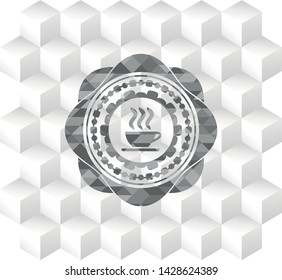 coffee cup icon inside retro style grey emblem with geometric cube white background