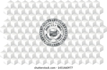 coffee cup icon inside retro style grey emblem with geometric cube white background