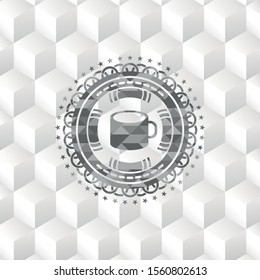 coffee cup icon inside retro style grey emblem with geometric cube white background