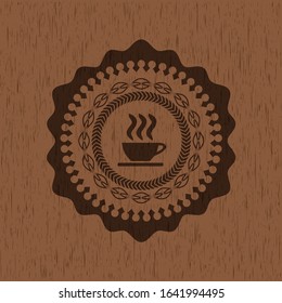 coffee cup icon inside retro wooden emblem
