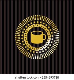 coffee cup icon inside shiny emblem