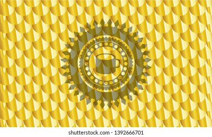coffee cup icon inside shiny golden badge. Scales pattern. Vector Illustration. Detailed.