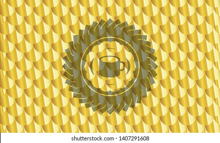coffee cup icon inside shiny golden badge. Scales pattern. Vector Illustration. Detailed.