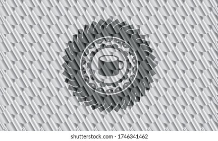 coffee cup icon inside shiny silver emblem. Scales pattern. Vector Illustration. Detailed. 