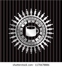 coffee cup icon inside silver emblem