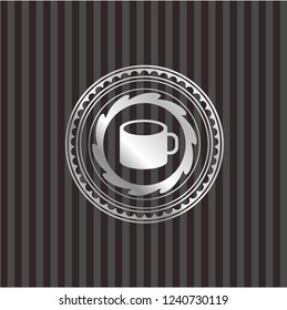 coffee cup icon inside silver shiny emblem