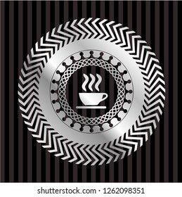 coffee cup icon inside silver shiny badge