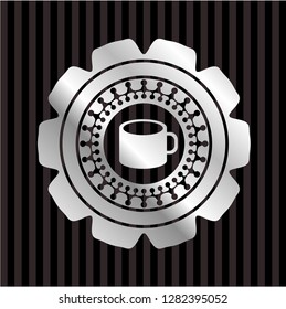 coffee cup icon inside silver shiny emblem