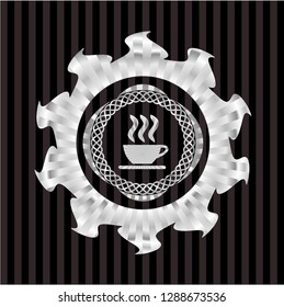 coffee cup icon inside silver badge