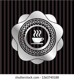 coffee cup icon inside silver shiny emblem