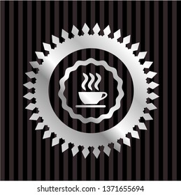 coffee cup icon inside silver shiny badge