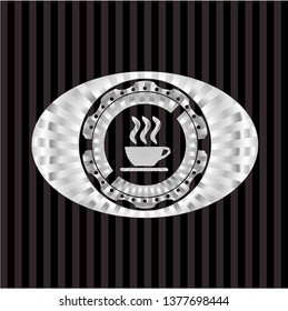 coffee cup icon inside silver emblem or badge