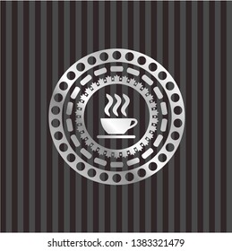 coffee cup icon inside silver shiny emblem