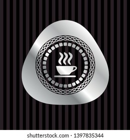 coffee cup icon inside silver emblem