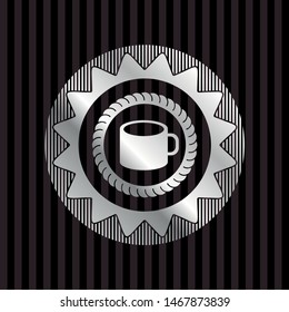 coffee cup icon inside silver emblem