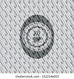 coffee cup icon inside silver color badge or emblem. Scales pattern. Vector Illustration. Detailed.