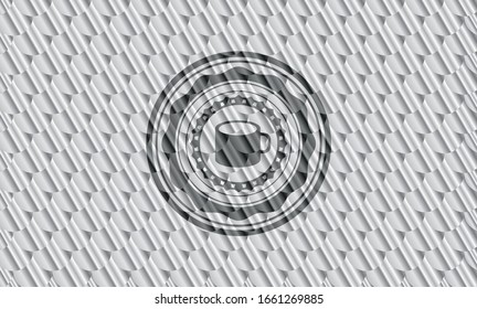 coffee cup icon inside silver color emblem. Scales pattern. Vector Illustration. Detailed.