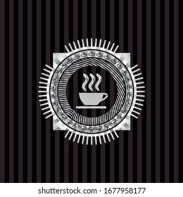 coffee cup icon inside silver emblem or badge