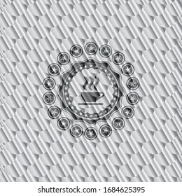 coffee cup icon inside silver shiny badge. Scales pattern. Vector Illustration. Detailed.