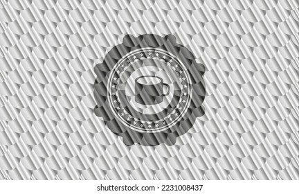 coffee cup icon inside silver color emblem or badge. Scales pattern. Vector Illustration. Detailed. 