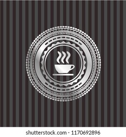 coffee cup icon inside silvery emblem