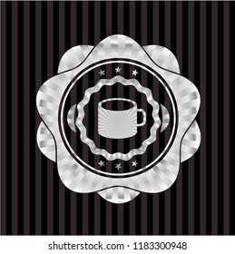 coffee cup icon inside silvery shiny emblem