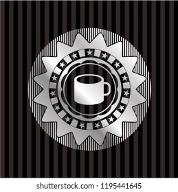 coffee cup icon inside silvery badge or emblem