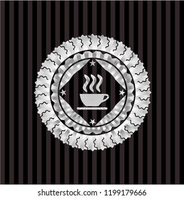 coffee cup icon inside silvery badge or emblem