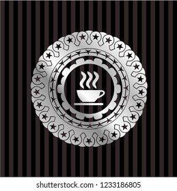 coffee cup icon inside silvery shiny badge