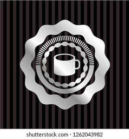 coffee cup icon inside silvery badge or emblem