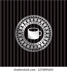 coffee cup icon inside silvery badge or emblem
