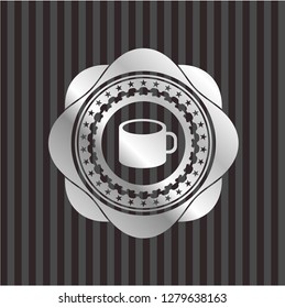 coffee cup icon inside silvery emblem