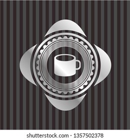coffee cup icon inside silvery shiny badge