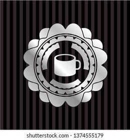 coffee cup icon inside silvery emblem