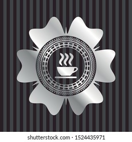 coffee cup icon inside silvery shiny badge