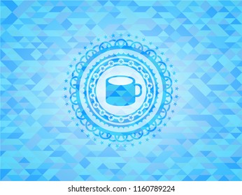 coffee cup icon inside sky blue emblem. Mosaic background