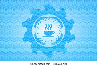 coffee cup icon inside sky blue water badge.