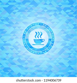 coffee cup icon inside sky blue mosaic emblem