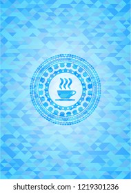 coffee cup icon inside sky blue emblem. Mosaic background